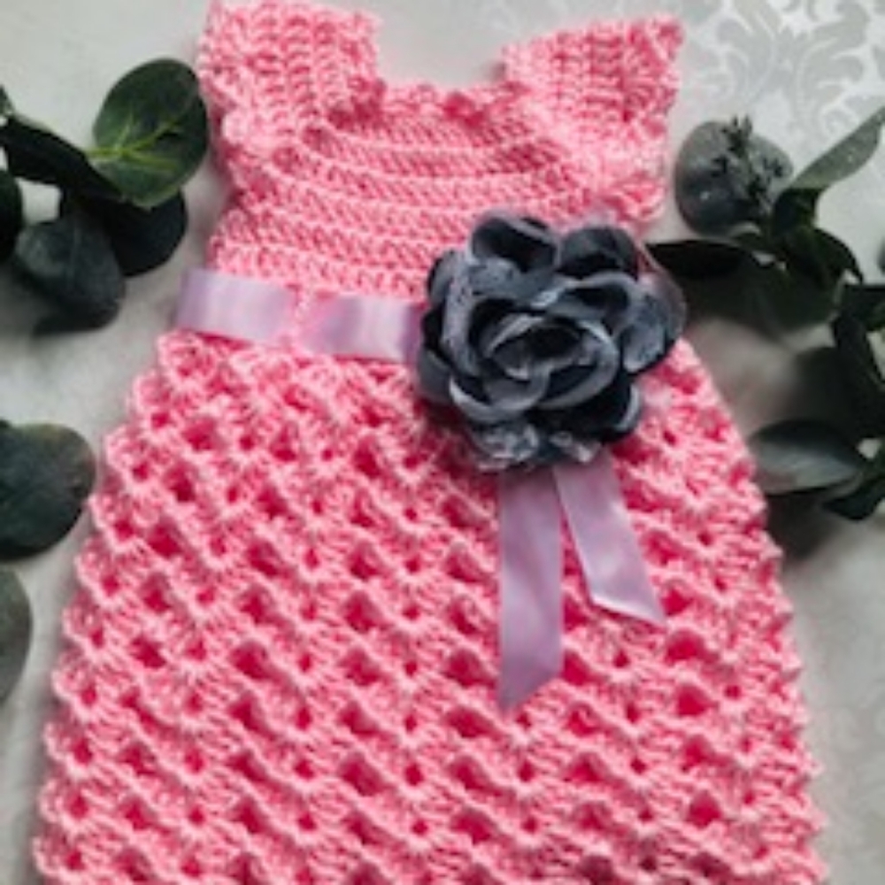 Crocheted Baby Girl Pink Dress w Jean Flowers